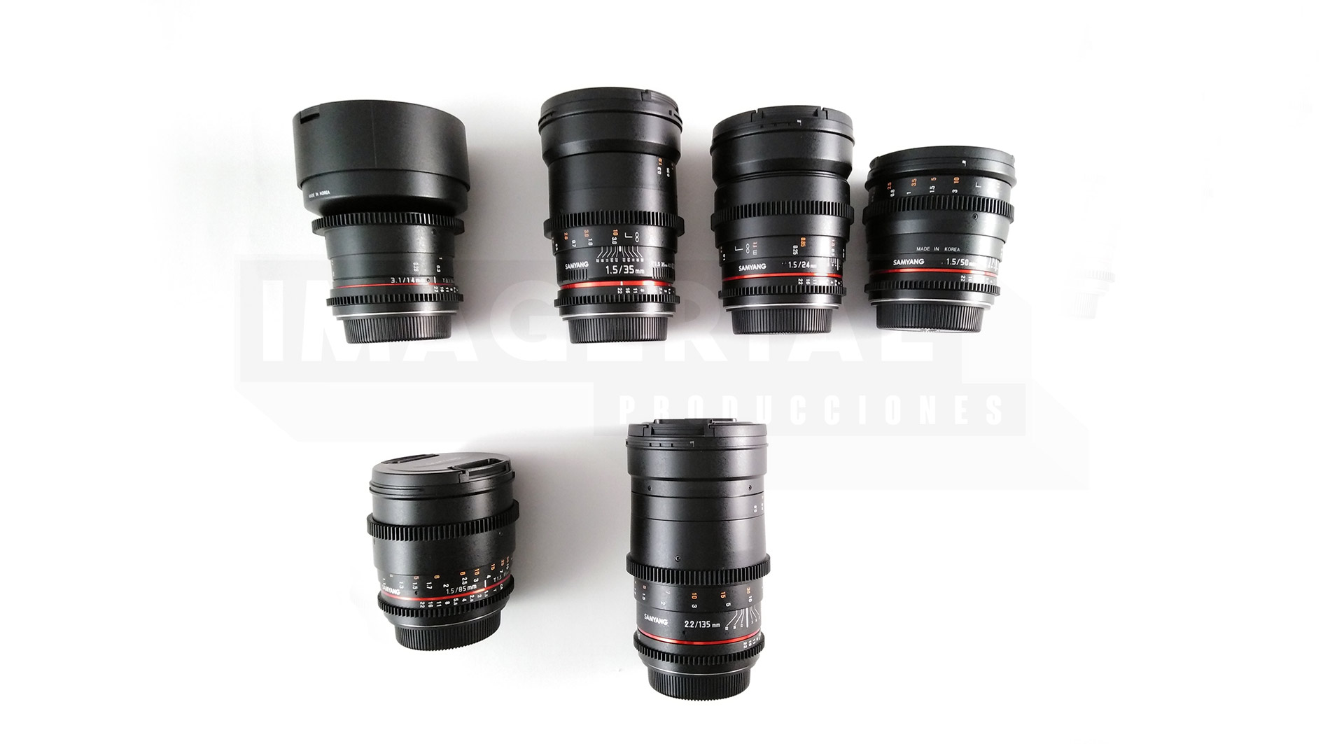 PACK 6 OBJETIVOS VDSLR SAMYANG MONTURA CANON. IMAGERIAL PRODUCCIONES ALQUILER DE EQUIPOS AUDIOVISUALES.